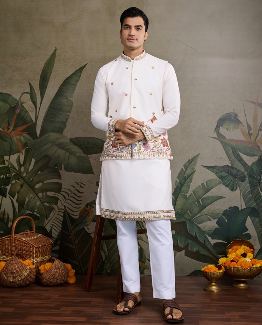 61232-white - Designer White Cotton Kurta with Embroidered Koti
